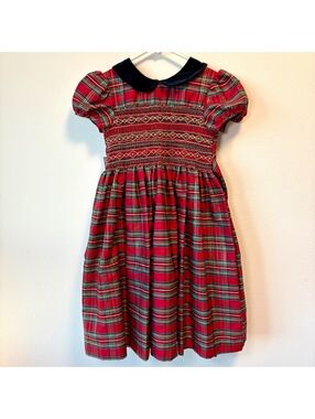Rare Editions Girls 6X Red Tartan Plaid Smocked Dress Velvet Collar Holiday